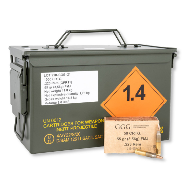 Munitions GGG 223 Remington 55gr FMJ - Caisse Militaire de 1000
